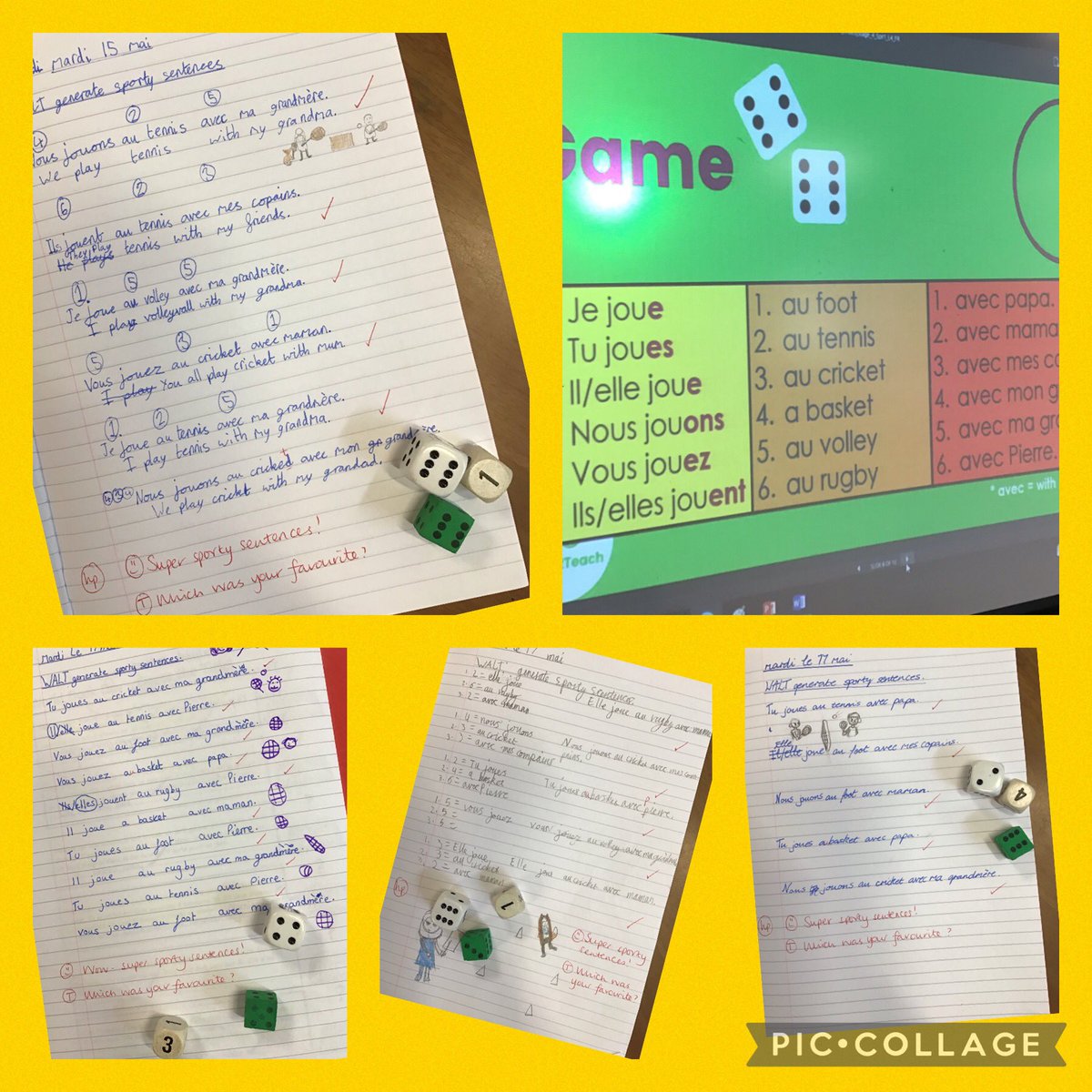 BroomfieldsJnr's tweet photo. 6PV had fun with a dice game this afternoon generating sporty sentences in French. Our favourite one was ‘Nous jouons au volley avec ma grandmère!’ Can you translate it in to English? #BroomfieldsMFL @network_primary https://t.co/c1mCgXuhoU