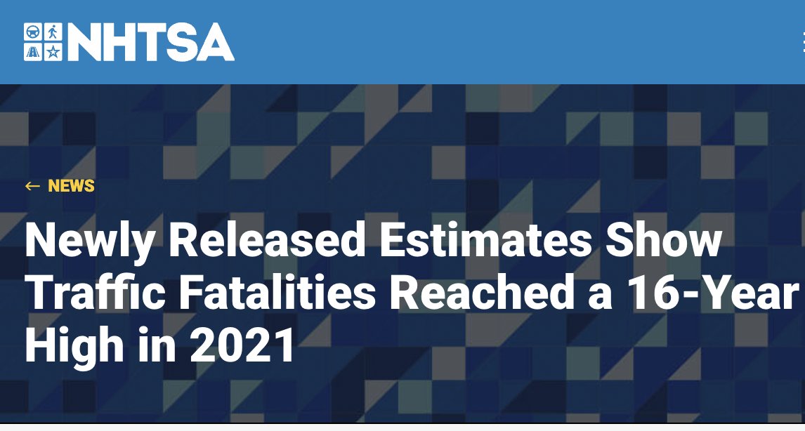 NEW: <a href="/NHTSAgov/">nhtsagov</a> has released 2021 traffic death estimates, and they are absolutely awful. nhtsa.gov/press-releases…

🔹42,915 traffic deaths, the most in 16 years
🔹Total deaths ⬆️ 10.5% in a year, the fastest on record
🔹Pedestrian deaths ⬆️ 13%
🔹Cyclist deaths  ⬆️ 5%

🧵