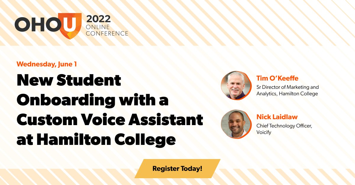 Voicify's tweet photo. Join us at OHO U 2022 and learn how Hamilton College is improving the accessibility and convenience of new student onboarding with a custom voice assistant. https://t.co/RwmM4zrKz9 #HigherEd #VoiceAssistant #ConversationalAI @ohointeractive https://t.co/CMilzYjPb5