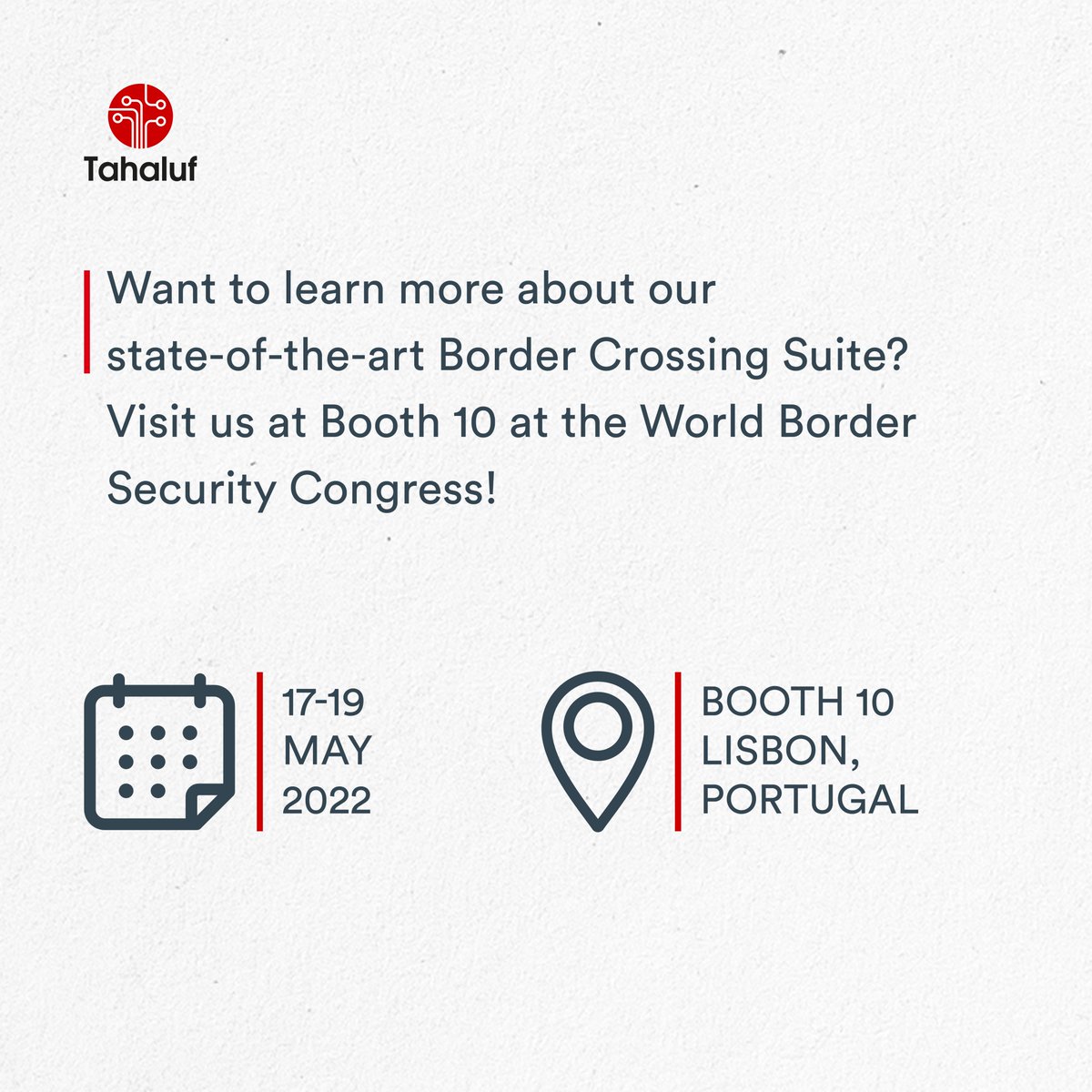TahalufUAE's tweet photo. Want to learn more about our state-of-the-art Border Crossing Suite? Visit us at Booth 10 at the World Border Security Congress!

Booth 10 | World Border Security Congress - Lisbon, Portugal
May 17 - 19, 2022  

#Worldbordersecuirtycongress
#Crossborder2022 https://t.co/jDIkfObzfl