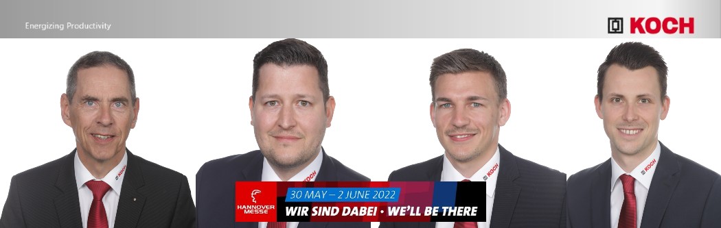 GmbKoch's tweet photo. We are there - at the Hanover Messe 2022. The fair will take place from May 30th to June 2nd, 2022. Our exhibition team with Michael Koch, Fabian Hofmann, Jonathan Imhof and Jens Knaus look forward to seeing you at our stand G43 in hall 6. #hannovermesse2022 #MichaelKochGmbH https://t.co/crr7eR50iG