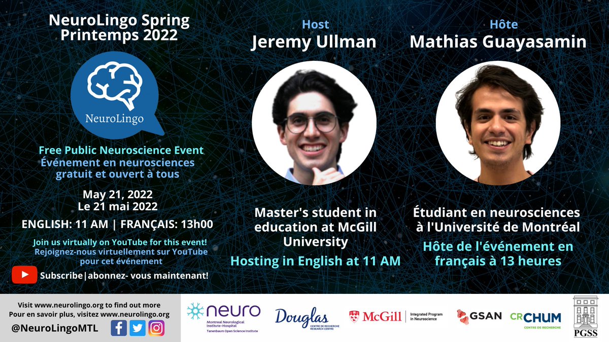 Meet the hosts of this Saturday's English and French NeuroLingo events! Rencontrez les hôtes des événements NeuroLingo en anglais et en français de ce samedi! 

Register FREE | Enregister GRATUITEMENT:

ENGLISH 11 AM eventbrite.ca/e/328941060567
FRANCAIS 13H
eventbrite.ca/e/328959204837