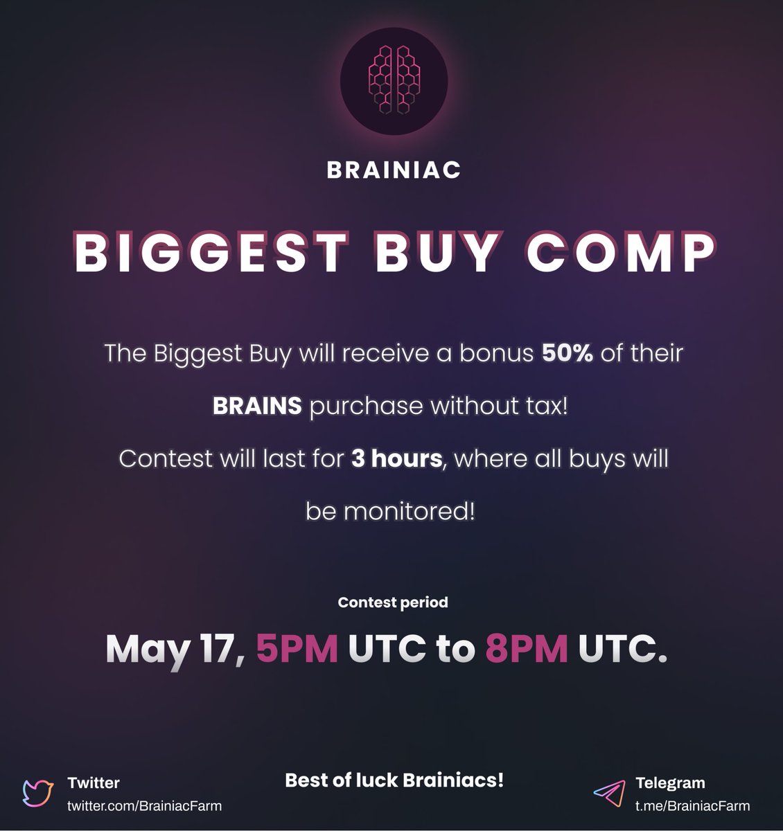 Under two hours until the $BRAINS buying competition!

Spread the word! 🔊🧠🔔⏳