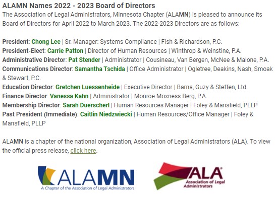 minnesotaala's tweet photo. The Association of Legal Administrators, Minnesota Chapter (ALAMN) is pleased to announce its Board of Directors for April 2022 - March 2023! Visit our website: https://t.co/VnB8GkXq51 for the full listing. https://t.co/sw7fUvLmQq