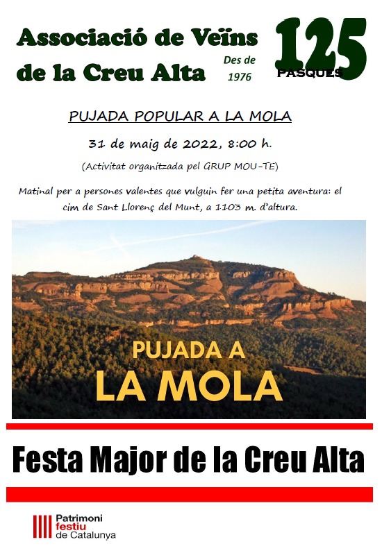 AVLaCreuAlta's tweet photo. Dons dels actes de #FMLCA #FestaMajorLaCreuAlta hi ha l'excursió a #LaMola
El dia 31/05/22 a les 8:00 comença l'aventura.
#LaCreuAlta https://t.co/N49OPtH0K6