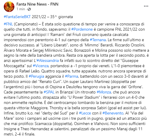 fanta9news's tweet photo. I risultati della 35^ giornata del #fantacalcio di #Fantanine: #FNL (Campionato), #FNA, #FNGp, #FNBR.
Congratulazioni al #Pordenone di @VitLam86, matematicamente campione anche in #FNL e #FNBR! 👏👏👏
#FantaSerieBKT https://t.co/aGkgblpP5P