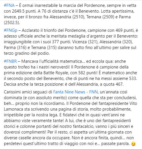 fanta9news's tweet photo. I risultati della 35^ giornata del #fantacalcio di #Fantanine: #FNL (Campionato), #FNA, #FNGp, #FNBR.
Congratulazioni al #Pordenone di @VitLam86, matematicamente campione anche in #FNL e #FNBR! 👏👏👏
#FantaSerieBKT https://t.co/aGkgblpP5P