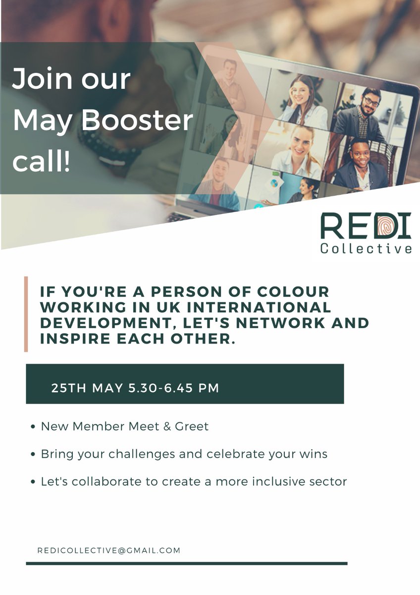 Are you a #Personofcolour working in #globaldevelopment? Are you driving #EDI initatives? Do you have challenges to share or wins to celebrate? Come and stop by our Booster Call on Weds 25th May. eventbrite.co.uk/e/redi-collect…
