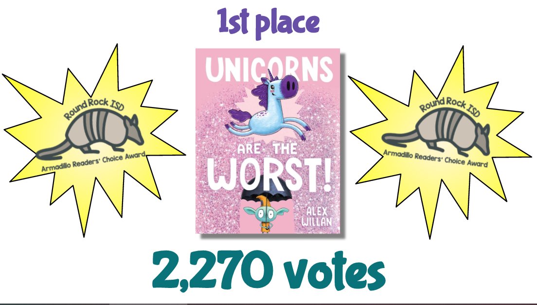 I'm so excited about this <a href="/ArmadilloAward/">Armadillo Readers' Choice Award</a> news! Congratulations to <a href="/alexdwillan/">Alex Willan</a>, author of "Unicorns are the Worst!," winner of this <a href="/RoundRockISD/">Round Rock ISD</a> Library Services Award! #LibrariesRRock