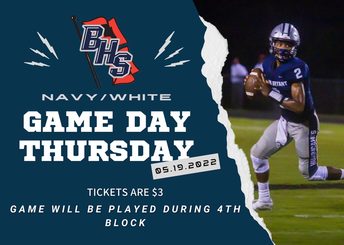 TheEyeNetwork1's tweet photo. Alma Bryant Navy/White Football game is this Thursday during 4th block. Tickets are $3 to attend. Come out and support your Hurricanes! #CaneNation #Rep36544 #CanesFootball @almabryanths @ABHScanes @BartSessions @CoachJackson251 @Cane_Athletics @dsprinkmcpss https://t.co/Z9rnmqAgIC