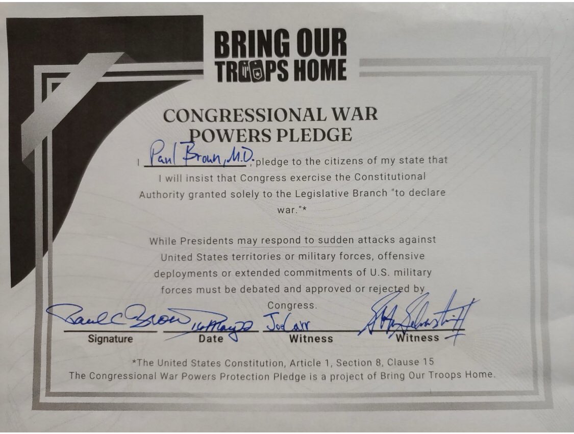 TroopsHomeUS's tweet photo. Today we’re proud to announce that @PaulBrounforGA has signed our Congressional War Powers Pledge 🇺🇸

As a four-term Congressman and now candidate in Georgia 10th, Dr. Broun supports a repeal of all AUMFs, opposed intervention in Syria &amp; supported the withdrawal from Afghanistan. https://t.co/a9GBZx7RQS