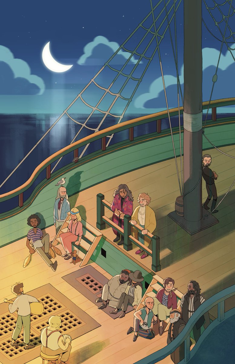 A drawing of the entire crew of the Revenge standing on deck. It is nighttime and everyone is sitting or standing and watching Frenchie and Wee John performing a song, except for Izzy, who is standing by himself in the back with his arms crossed looking annoyed.