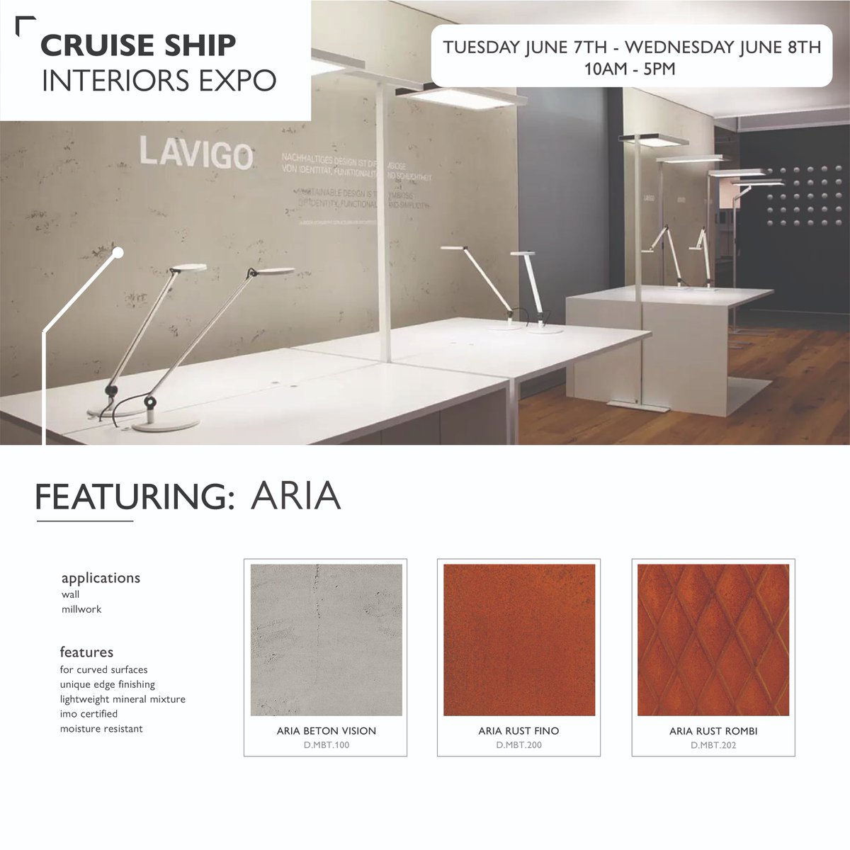 materialsinc's tweet photo. Cruise Ship Interiors Expo 2022! Come see us June 7th - June 8th in Miami!
Featuring Aria thin concrete &amp; rust sheets.

#show #tradeshow #cruiseship #interiors #design #modern #concrete #rust #materials #building #expo2022 https://t.co/49ciEGvOu9
