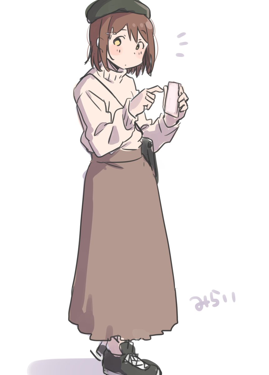 furutaka (kancolle) 1girl solo brown hair long skirt skirt hat sweater  illustration images