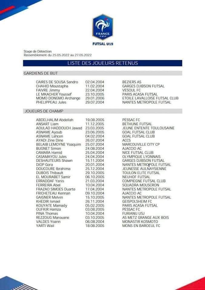 Dites 33 ! Voici la liste de 33 joueurs sélectionnés pour le stage de détection à Clairefontaine (25-27 mai), en vue de composer la nouvelle génération de l’<a href="/equipedefrance/">Equipe de France ⭐⭐</a> de #FutsalU19 qui préparera les qualifications pour l’Euro 2023 <a href="/UEFAFutsal/">UEFA Futsal</a> !