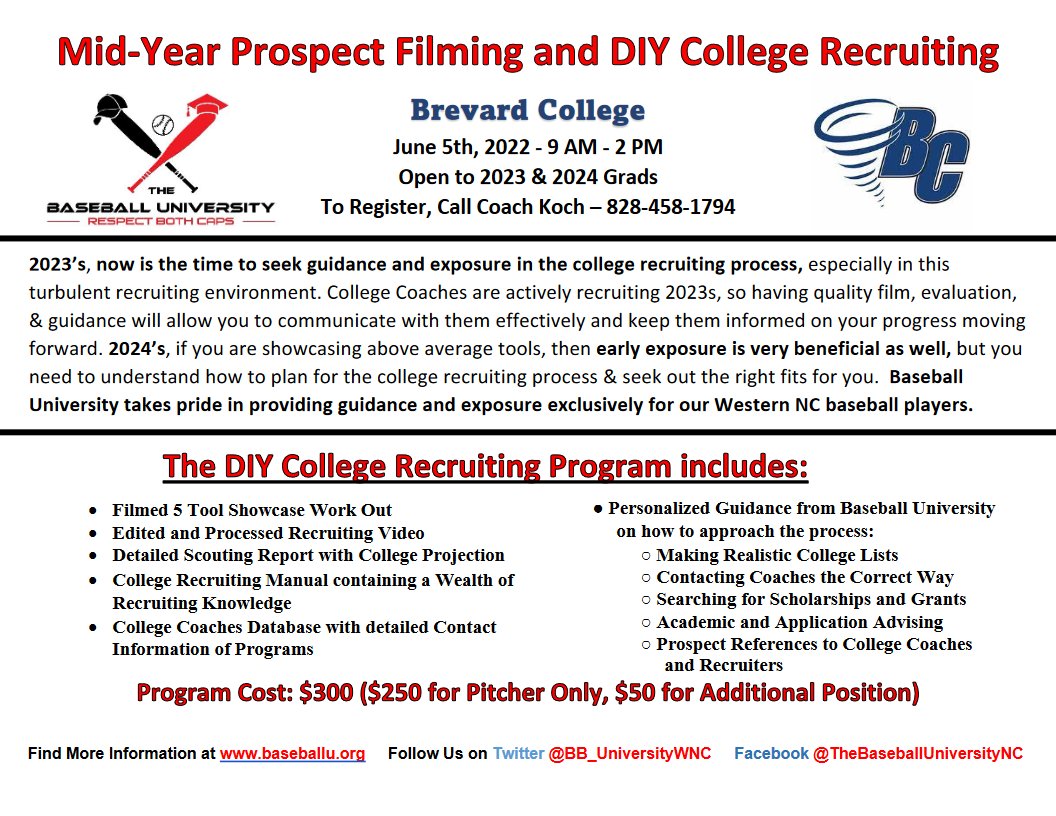 Baseball University of the Blue Ridge (@bbuniversitywnc) on Twitter photo 🗣️📢"Rutherford County! We want to help your 2023 & 2024s showing the potential & desire to play College⚾️"
📽️<a href="/BBUniversityWNC/">Baseball University of the Blue Ridge</a> Mid-Year Prospect Filming📋
🗓️June 5 - 9AM-2PM <a href="/BCNadoBaseball/">Brevard College Baseball</a> 🌪️
<a href="/CT_Base_Ball/">OGX̅</a> <a href="/ERcavsbaseball/">ER Cavs Baseball</a> <a href="/BaseballRSC/">RS Central Baseball</a> @TJCABaseball @TJCAAthletics 🗣️📢"Rutherford County! We want to help your 2023 & 2024s showing the potential & desire to play College⚾️"
📽️<a href="/BBUniversityWNC/">Baseball University of the Blue Ridge</a> Mid-Year Prospect Filming📋
🗓️June 5 - 9AM-2PM <a href="/BCNadoBaseball/">Brevard College Baseball</a> 🌪️
<a href="/CT_Base_Ball/">OGX̅</a> <a href="/ERcavsbaseball/">ER Cavs Baseball</a> <a href="/BaseballRSC/">RS Central Baseball</a> @TJCABaseball @TJCAAthletics