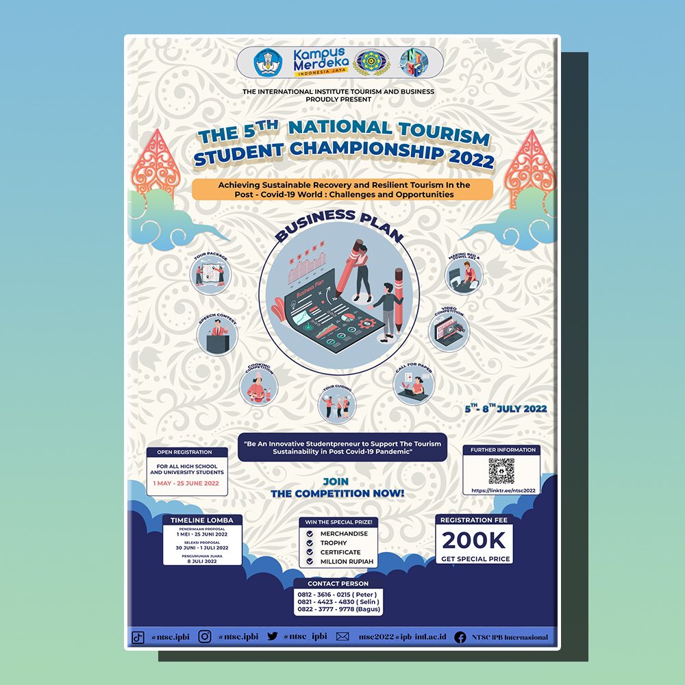 ntsc_ipbi's tweet photo. [IPBI INTERTIONAL VOCATIONAL AND ACADEMIC] PROUDLY PRESENT] 📢

🎇THE 5th NATIONAL TOURISM STUDENT CHAMPIONSHIP 2022 🎇 https://t.co/j8lxEvKYWL