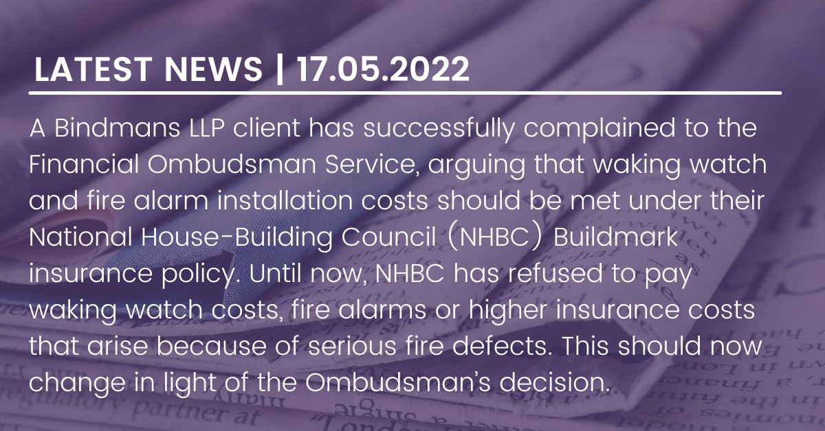 Latest news: #cladding victims receive good news in the battle to recover waking watch and firm alarm costs as the Financial Ombudsman Service concludes these should be recoverable under insurance Read more here: tinyurl.com/yc4dxszf