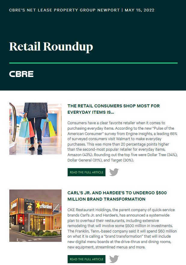 _IanSchroeder's tweet photo. #NLPGNewport | Retail Roundup | May 15, 2022

This Week’s Topics:
-The Retail Consumers Shop Most for Everyday Items Is
-Carl’s Jr. &amp; Hardee’s to Undergo $500 Million Brand Transformation
-And More…

Click to view full stories: https://t.co/GQa27m7c8W 

#NNN #STNL #Retail https://t.co/WObR4pGIL8