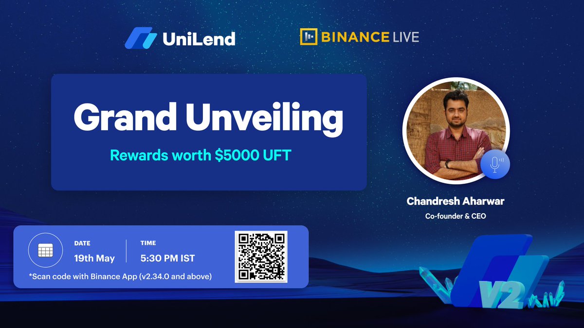 1/Excited for the Grand Unveiling?🤩

💰Participate &amp; win $5000 Rewards

✅Drop a question below with #Binance UID
✅Invite your friends &amp; follow <a href="/UniLend_Finance/">UniLend Finance</a> <a href="/binance/">Binance</a>
✅Join Telegram Group: t.me/UniLendFinance

🗣️Speaker @chandresh1091 (Co-founder)

🕠19 May, 5:30 PM IST