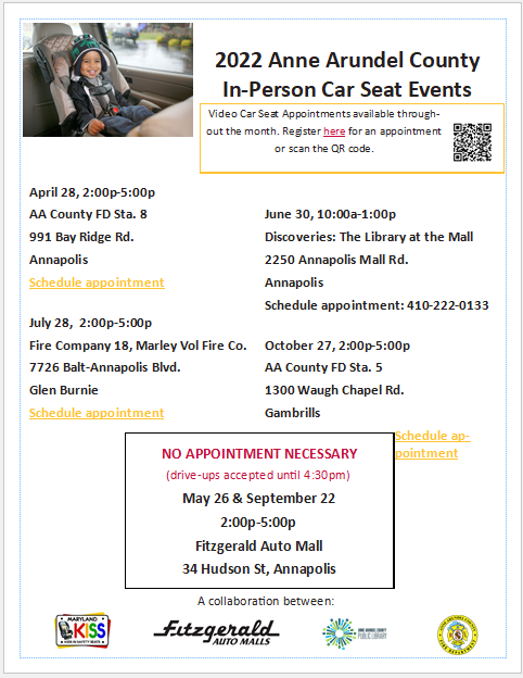 Do you know how and when to adjust your child’s car seat for growth? 

Here are some terrific "no appointment needed" opportunities to learn more.  Additionally, scan the QR code to make an appointment at Dicoveries:The Library at the Mall!