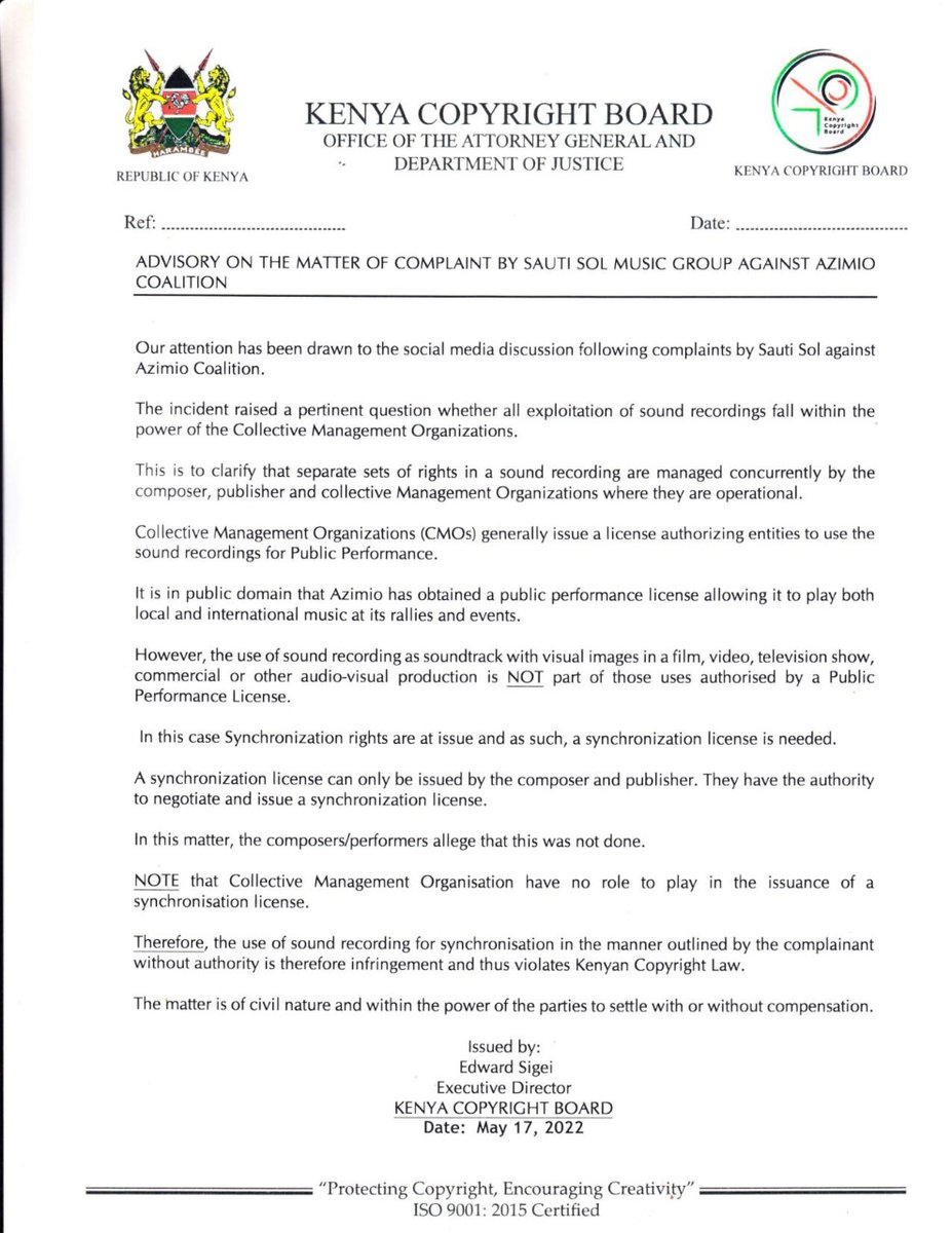 EzekielMutua's tweet photo. Regarding the claim by Sauti Sol and statement by KECOBO, MCSK wishes to clarify that the license issued covers both performing, mechanical rights &amp; synchronisation. We thank the Raila Odinga Presidential Campaign team for complying with the copyright law and urge others to pay. https://t.co/X9k4FD88J7
