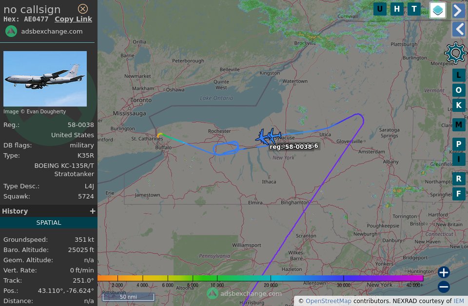 TheIntelFrog's tweet photo. Looks like P-8A #AE5F4F is meeting up with KC-135 #AE0477 for some AAR over central New York. https://t.co/oRyWbhg0yZ