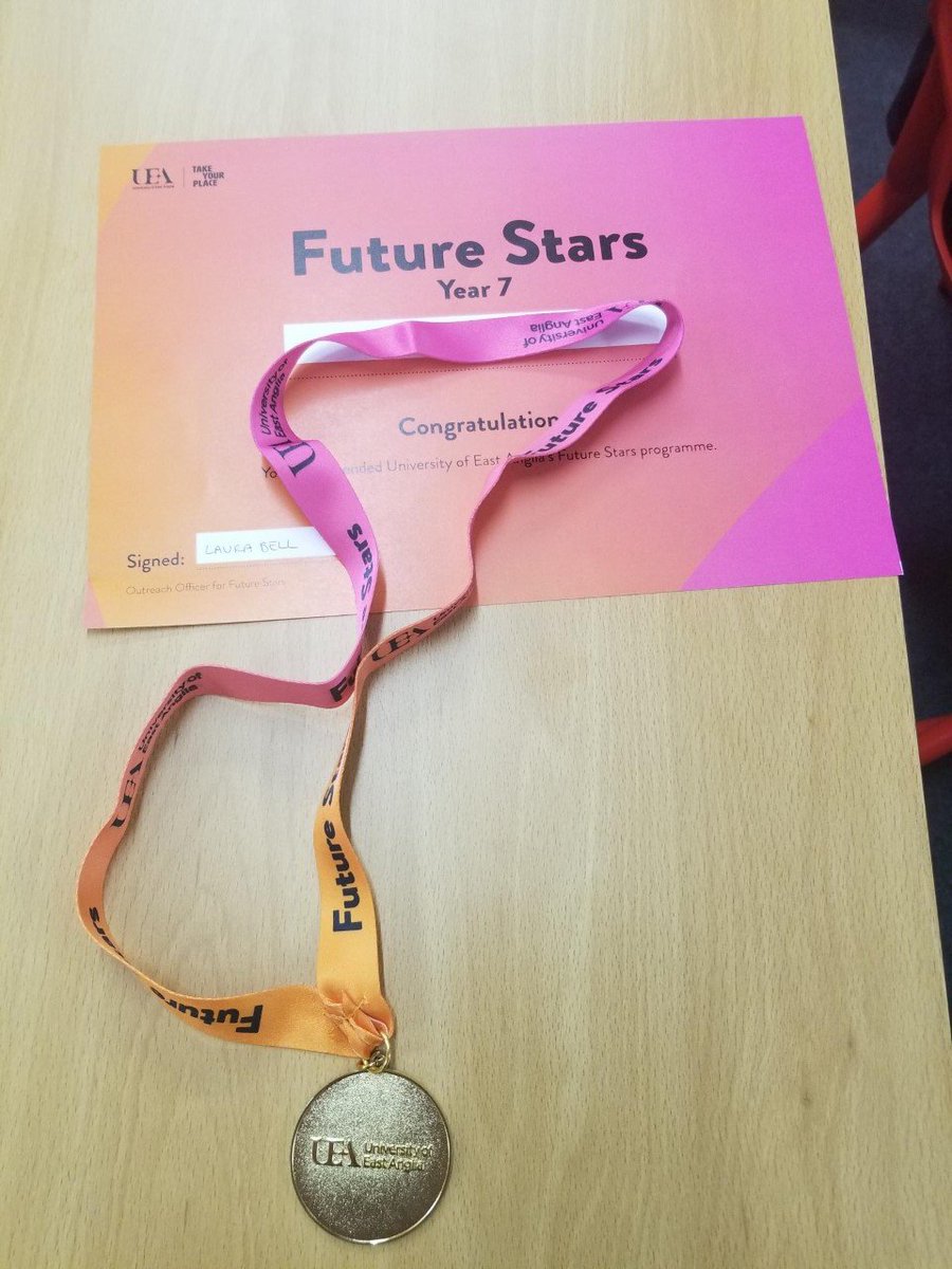 Some of our Year 7 students celebrated the completion of the @uniofeastanglia Future Stars Programme today and received their certificate and medal from Laura and two UEA Student Ambassadors. #Achieve #future #university