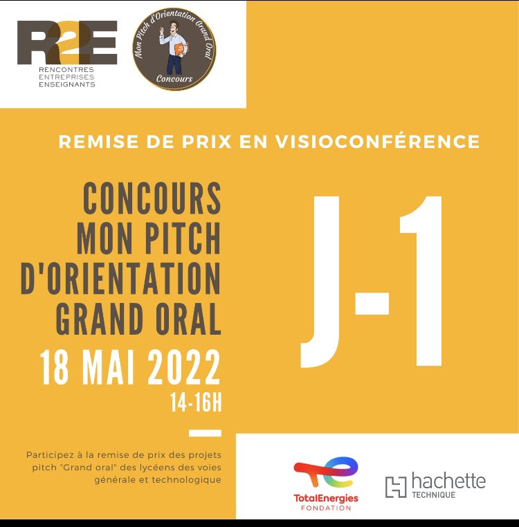 Rencontres2e's tweet photo. 📣 J-1 avant la cérémonie de remise des #prix du #R2Econcours Mon #pitch d’#orientation #GrandOral pour les lycéens des voies générale et technologique le
🗓18/05 à 14h
En partenariat avec @TotalEnergies_F et @HachetteEduc
Inscription : https://t.co/2tIUcwpn91 https://t.co/isfCw7x0hD