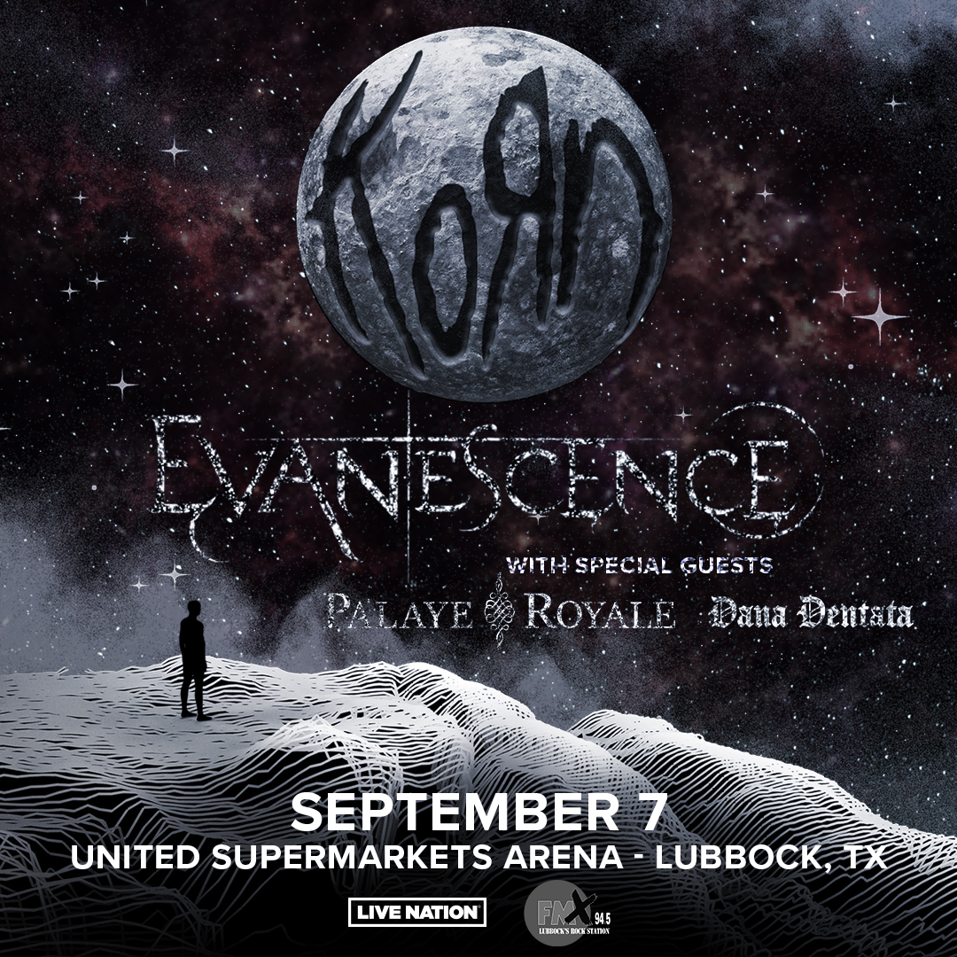 Korn's tweet photo. Lubbock, TX – We’re coming your way on Sept 7 with @Evanescence &amp; special guests @PalayeRoyale + #DanaDentata. Tickets on sale this Friday @ 10AM CT. ♾ Use code WORSTISONITSWAY at noon local for pre-sale access today. All other summer dates on sale now: https://t.co/kEkjAmwtqn https://t.co/QtttuD8vWA