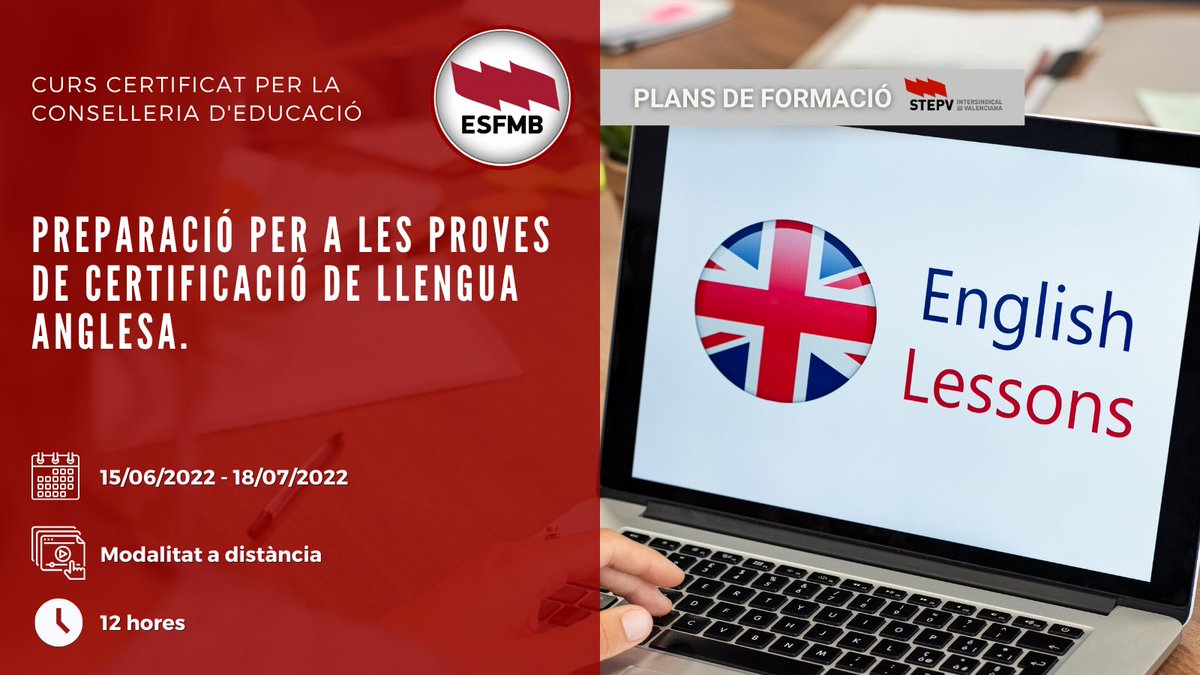 ESFMB's tweet photo. Obrim la matrícula del taller a distància "Preparació per a proves de certificació en #llengua #anglesa".
Obtín una visió més concreta de les proves de #certificació de llengua anglesa!
Per a saber més, i inscriure's:https://t.co/F0UgncQvV7 @IntersindicalV @STEPV_Iv @GVAeducacio https://t.co/8IM7JbbMd5