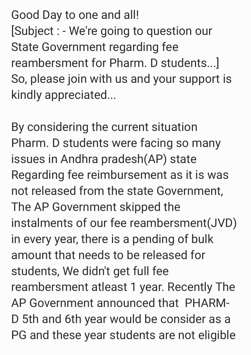 ShaikIr72033302's tweet photo. [Sub: We The Pharm-D Students,to question our State Govt.regarding fee reambersment]@TV9Telugu @bnrmrk @ysjagan @ncbn @PawanKalyan @SonuSood @narendramodi @PMOIndia @AllPharmd @JP_LOKSATTA  @SrinuKuppula @JKotchera @BotchaBSN @naralokesh @harunkorchipati @NdpaIndia @RaoSuvarchala https://t.co/9Q94Nt1wBK