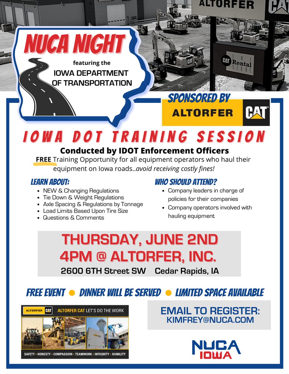 nucaofiowa's tweet photo. Get the facts regarding IDOT regulations at our next event! An opportunity to ask questions with Iowa DOT Motor Vehicle Enforcement.....Be sure to register! 
Thank you to our NUCA Member Sponsor @AltorferCat https://t.co/Inn5ToN7z1