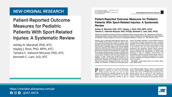 New in the April issue of <a href="/JAT_NATA/">Journal of Athletic Training</a> from Ashley N. Marshall, PhD, ATC and colleagues:

Patient-Reported Outcome Measures for Pediatric Patients With Sport-Related Injuries: A Systematic Review

Link: bit.ly/3vd6dP6