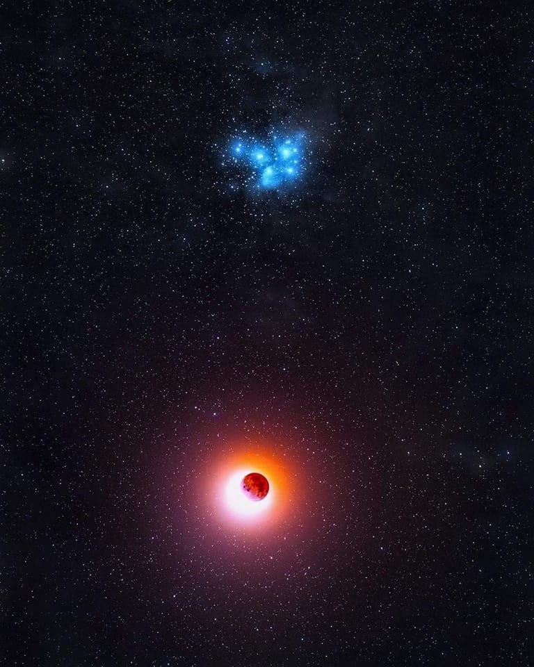 The most valuable possession you can own is an open heart. The most powerful weapon you can be is an instrument of peace.
Carlos Santana

The eclipsed moon and Pleiades!
Bray Falls Photography