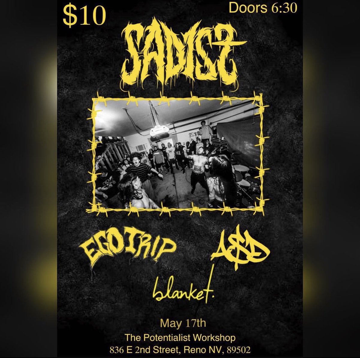 SadistReno's tweet photo. Show today in Reno to kick off a little run we’re doing! Be there or you’re a bitch https://t.co/tEy1PmsKpr
