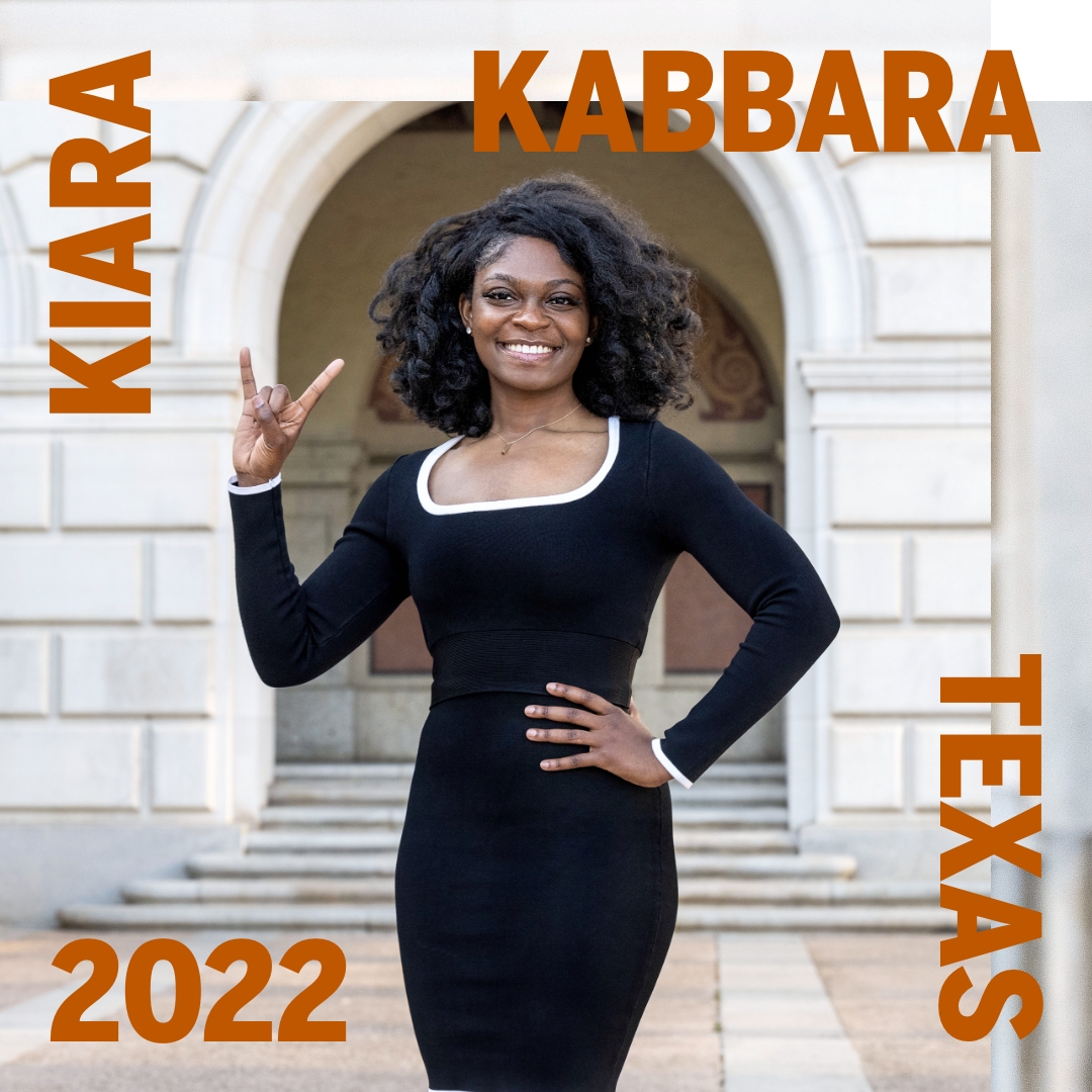 UT senior Kiara Kabbara. Text from top left corner reads "Kiara Kabbara Texas 2022"