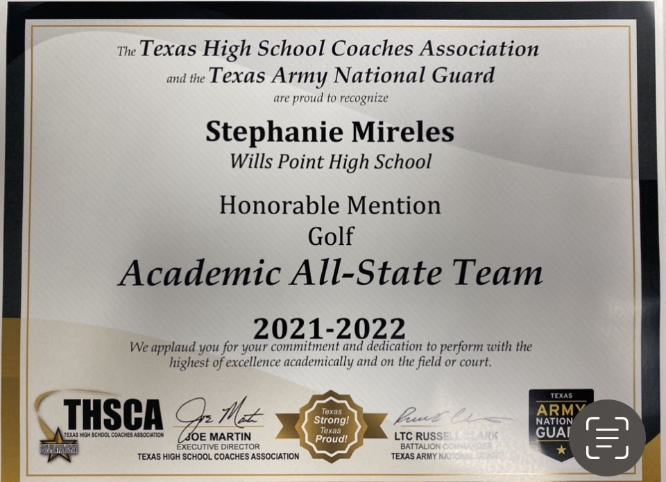 WP__Golf's tweet photo. Congrats to our very own Stephanie Mireles for receiving THSCA Honorable Mention Academic All-State in Golf. The way you represent our program is phenomenal! Awesome Job!! #WeWillWin ##TigersPlayGolf @WPISDTigers @WillsPointISD @THSCAcoaches https://t.co/Ka1mHXjKXZ