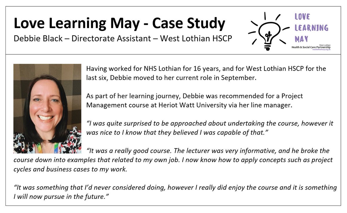 WestLothianHSCP's tweet photo. There are numerous opportunities available for staff at #WestLothian HSCP, including learning with external providers. 

We spoke to Debbie Black about her learning journey. To find out more follow this link or speak to your line manager https://t.co/Z1C96jdrdH

#LoveLearningMay https://t.co/EOih83DHxa