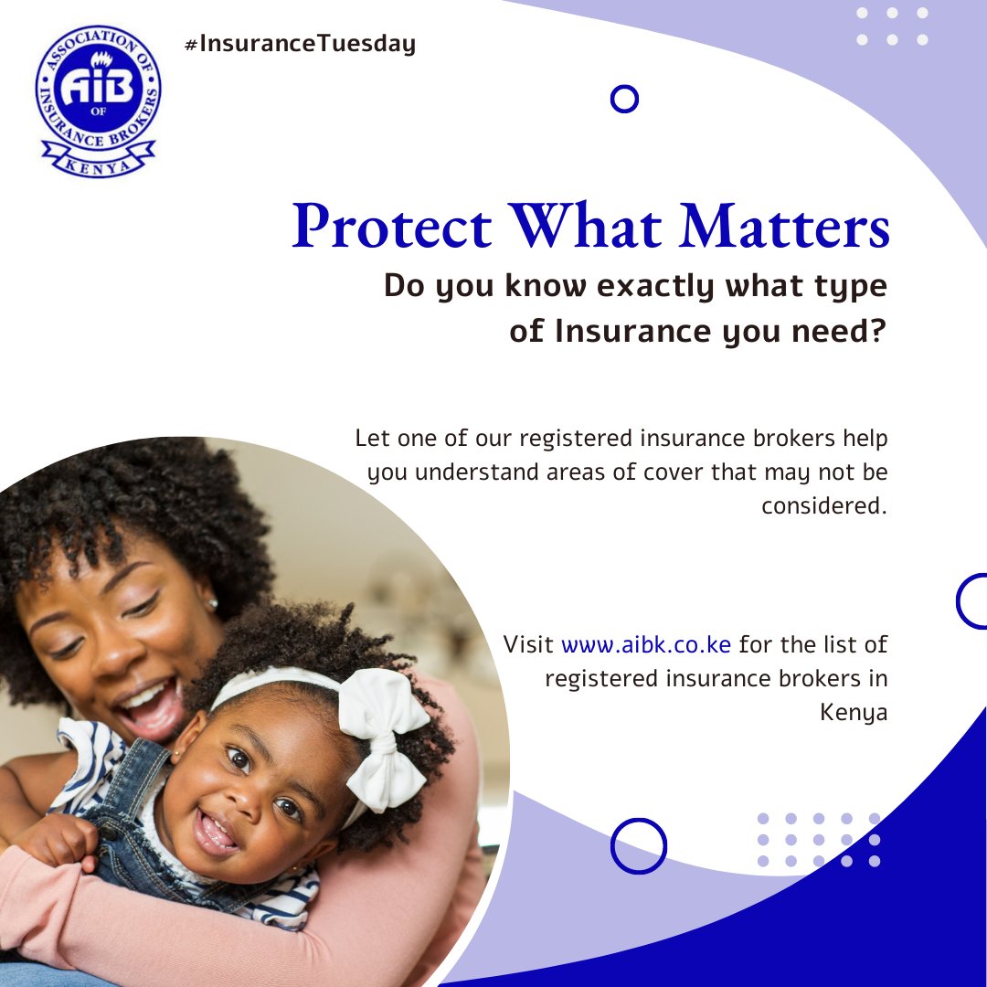 AIBK_Kenya's tweet photo. #insurancetuesday
Do you know exactly what insurance you need?
An #insurancebroker will use his expertise to help identify your unique needs and understand areas of cover that may not be considered.
Visit https://t.co/rDk8s6etMi for the list of registered insurance brokers. https://t.co/SekTL3PUwf