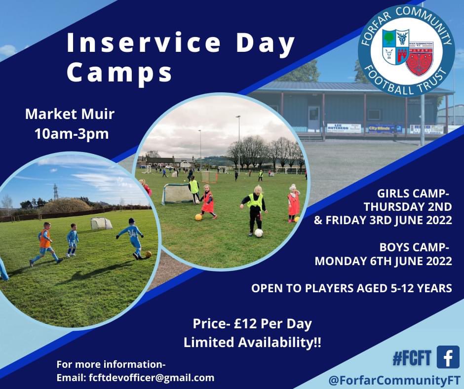 ⚽️ Forfar Community Football Trust holiday &amp; in-service day football camps for boys &amp; girls!! <a href="/Whitehillsps/">Whitehills Primary</a> <a href="/LanglandsPS/">Langlands PS</a> <a href="/StrathmorePS/">Strathmore Primary</a> <a href="/AberlemnoPS/">Aberlemno PS</a> <a href="/LethamPS/">Letham Primary Angus</a> <a href="/InverarityPS/">Inverarity Primary School</a> <a href="/tealing_ps/">Tealing PS</a> <a href="/Strathmartineps/">Strathmartine PS</a> <a href="/ForAcad/">Forfar Academy</a> Book your space! #ActiveForfar #Partnerships #Community #Opportunities