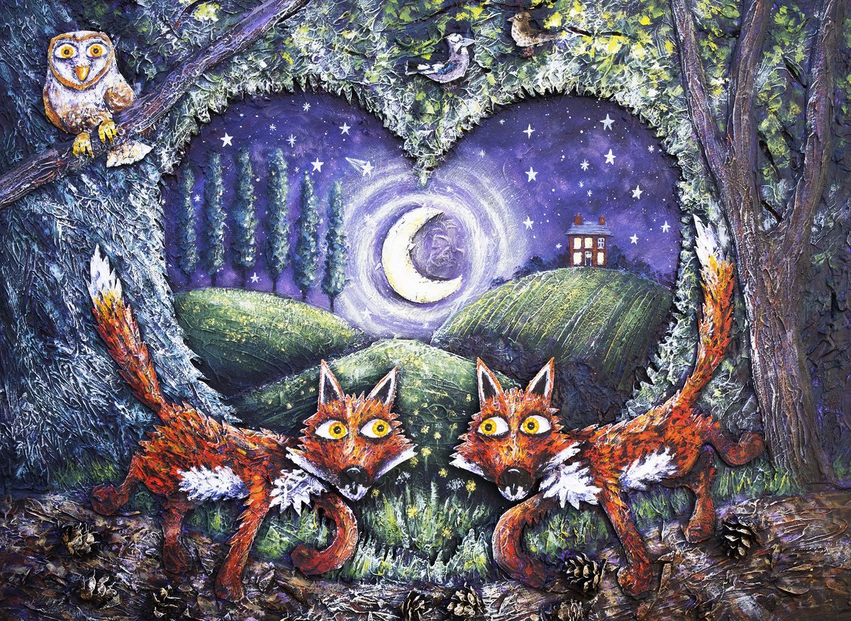 Just finished this morning! I painted something a bit like this last year, but this is a nighttime reworking. Based on a view through the trees in #ColdAsh with added pine cones! #fox #painting #moonlight #night #folklore #countrylife