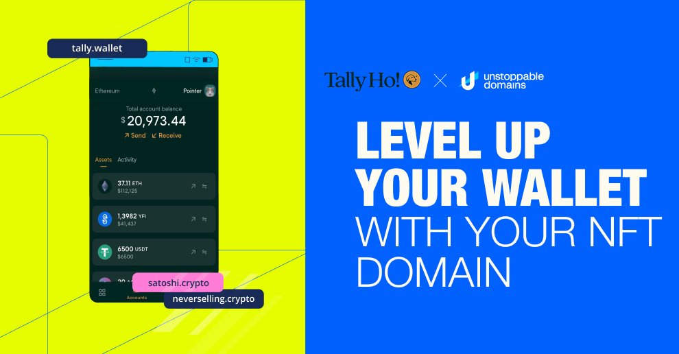 taho_xyz's tweet photo. Tally Ho now supports NFT domains with @unstoppableweb! ✨

You can now combine 275+ wallet addresses into one simple NFT domain name 😎

&amp; we think that’s worth celebrating. 🎉 That’s why we’re doing a special giveaway... 👀 https://t.co/q21beBzvJB