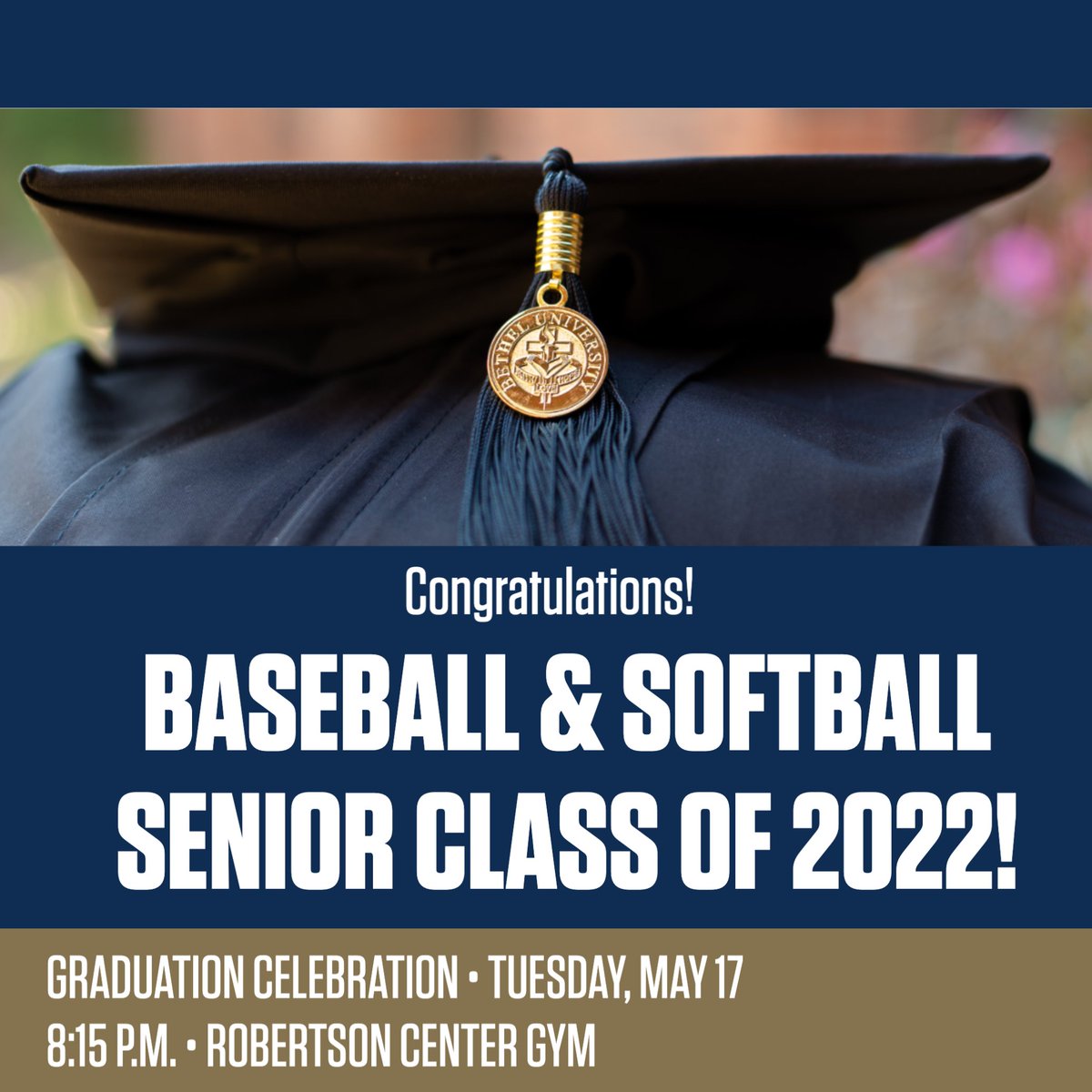 BethelRoyals's tweet photo. You're invited to a 𝒔𝒑𝒆𝒄𝒊𝒂𝒍 graduation ceremony tonight for our @BethelRoyalsSB &amp; @baseball_bethel seniors who will be missing commencement this weekend as they travel for NCAA Tournament play!  #WeAreBU

📍 Robertson Center
⏰ 8:15 p.m. https://t.co/hkFigVkBfW