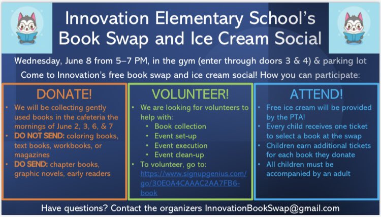 Save the date!
Innovation Elementary Book Swap and Ice Cream Social is coming, June 8th. <a target='_blank' href='http://twitter.com/HuskyVolunteer'>@HuskyVolunteer</a> <a target='_blank' href='http://twitter.com/MrsPeters_APS'>@MrsPeters_APS</a> <a target='_blank' href='http://twitter.com/APSVirginia'>@APSVirginia</a> <a target='_blank' href='https://t.co/LITlzGFYja'>https://t.co/LITlzGFYja</a>