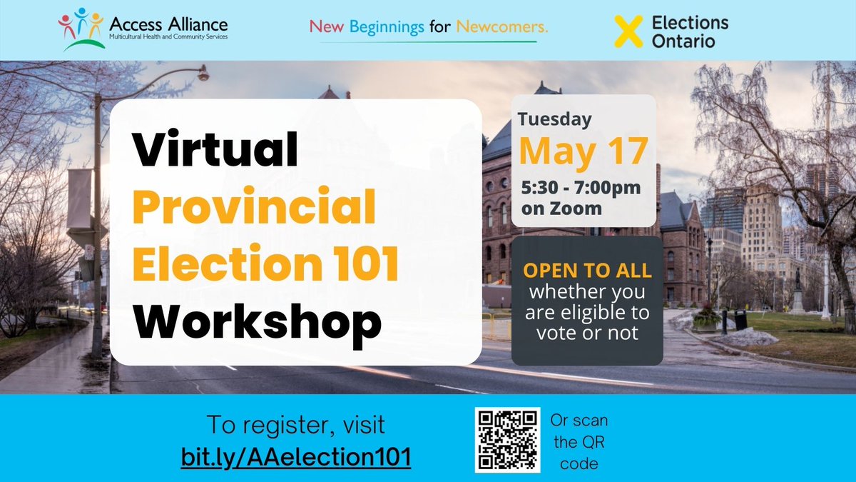 AccessAlliance's tweet photo. Still not sure what to expect this coming provincial election? Join us this evening, 5:30-7 PM, and @ElectionsON will be there to answer all your questions! Open to all.
Register at https://t.co/qKr12dr6TJ 
#ONelxn #FirstTimeVoter #onpoli #newcomers https://t.co/cjTT1I4yoY