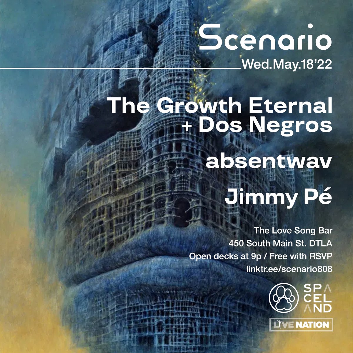 Tomorrow 5/18: <a href="/TheGrowthEterna/">The Growth Eternal</a> <a href="/perculator1/">Frank Moka aka Dos Negros</a> <a href="/absentwav/">lis</a> <a href="/JimmyPeTGO/">Jimmy Pé</a> + <a href="/daddykev/">Daddy Kev</a> at <a href="/TheLoveSongBar/">The Love Song Bar</a>. Open decks at 9p. Free with RSVP. Presented by <a href="/ALPHAPUP/">Alpha Pup</a> <a href="/SpacelandLA/">SPACELAND PRESENTS</a> <a href="/LiveNation/">Live Nation</a> 🔊✨🌊 eventbrite.com/e/scenario-the…