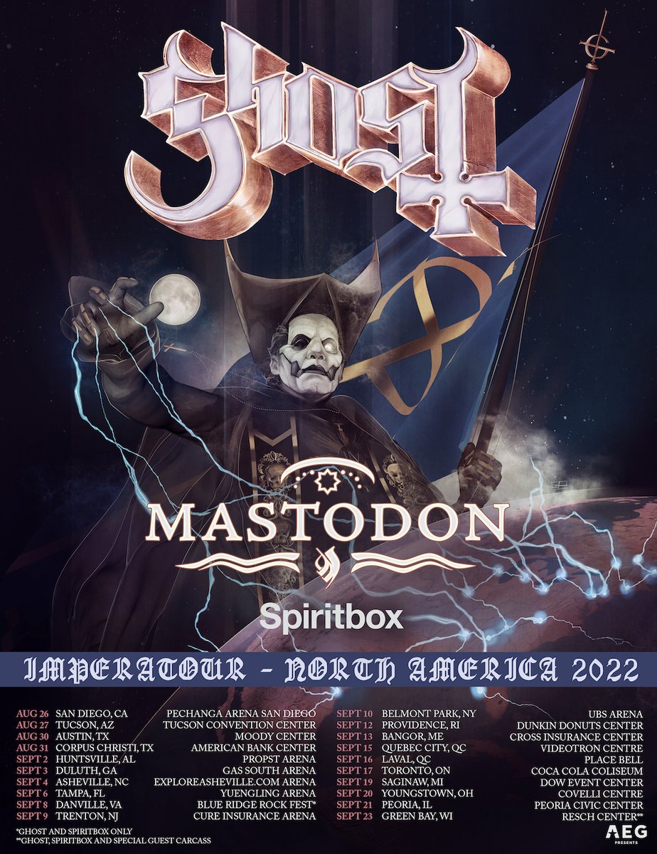 thebandGHOST's tweet image. [MESSAGE FROM THE CLERGY]

We wish to inform you Ghost will be haunting North America this Summer 2022 on the IMPERATOUR w/ special guests @mastodonmusic &amp;amp; @spiritboxband.