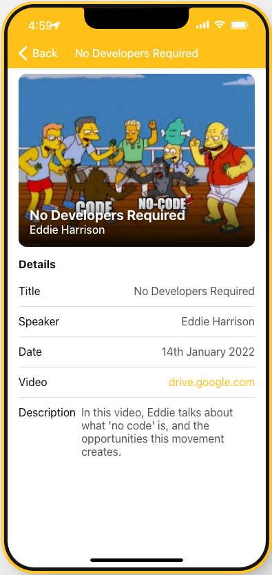 Day 27 of #100DaysOfNoCode complete.

👷‍♂️🛠️ Built a working MVP of my 'Lunchtime Talks' events app for <a href="/MinderaUK/">Mindera UK | Software House</a>!

Definitely needs some polish 😅 but I've requested feedback from colleagues so I know what will be most valuable.

#NoCode #BuildInPublic