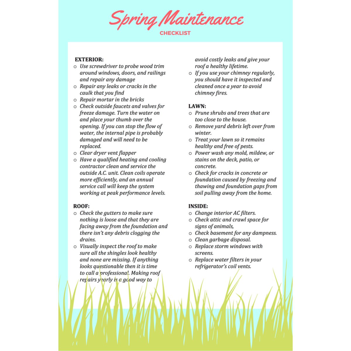 Summer is just around the corner and we want to help you get your house and yard ready. This checklist will ensure that your house is ready for you to spend your hot summer days enjoying the outdoors 🌞#springmaintenance #summer #outdoorliving